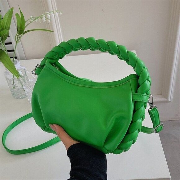 New Braided Handle Vegan Leather Hobo Bag in Green - Picture 1 of 6